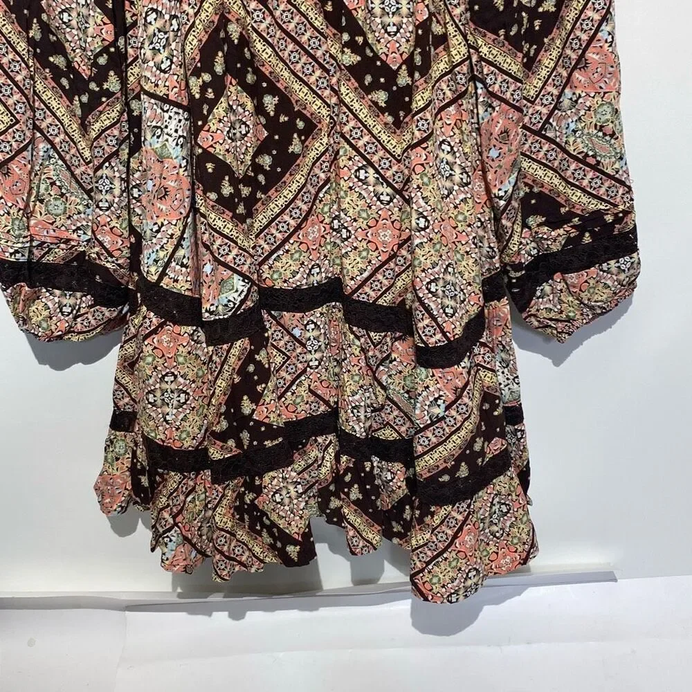 SO Women's Brown‎ Multi Lace Inset Tiered Long Sleeve Babydoll Dress Medium NWT